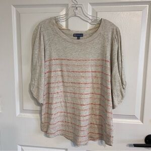 Democracy Women's Cream Ruched Sleeve Shirt Coral Stripes Cotton Blend Large